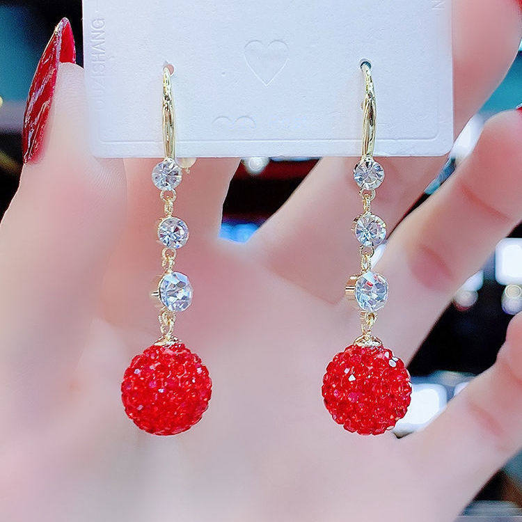 极速秋冬新款红色球球耳环日韩简约气质圆形耳Q饰网红长款闪钻百