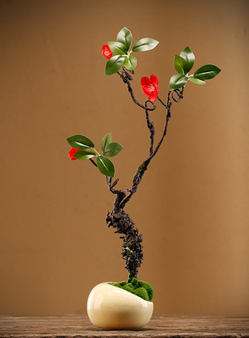 新品中式仿真干花盆景摆r件套装小植物客厅桌面装饰假花松树陶瓷