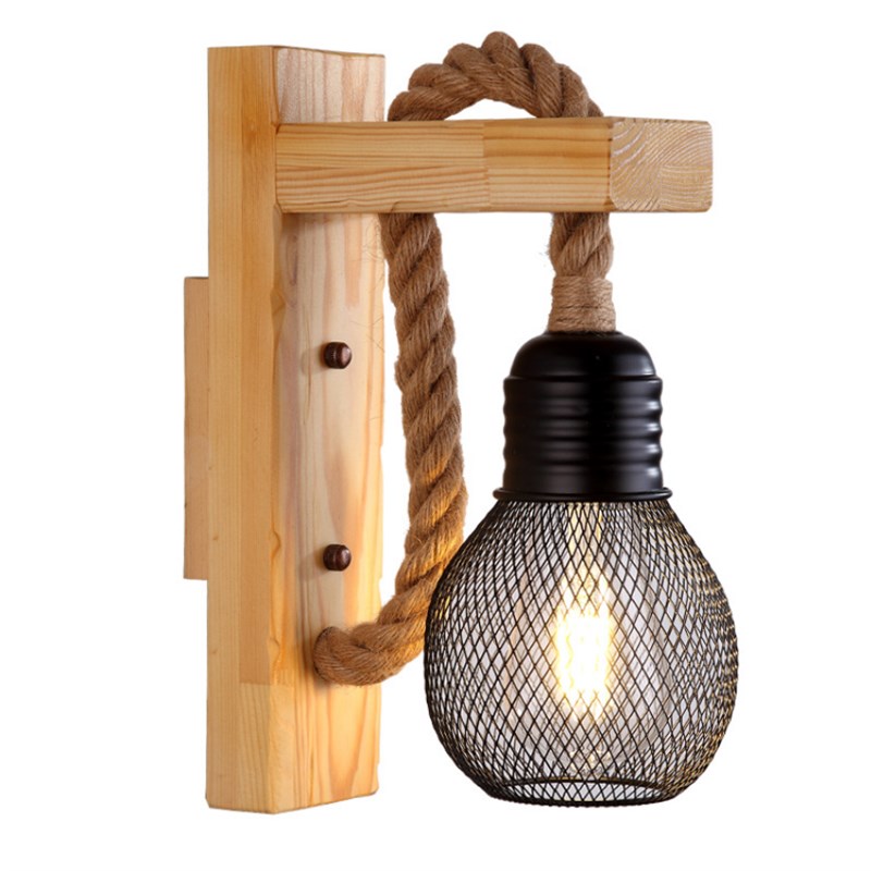 极速Vintage Wood Hemp Ropew Wall Lamps Fixture Retro Hallway