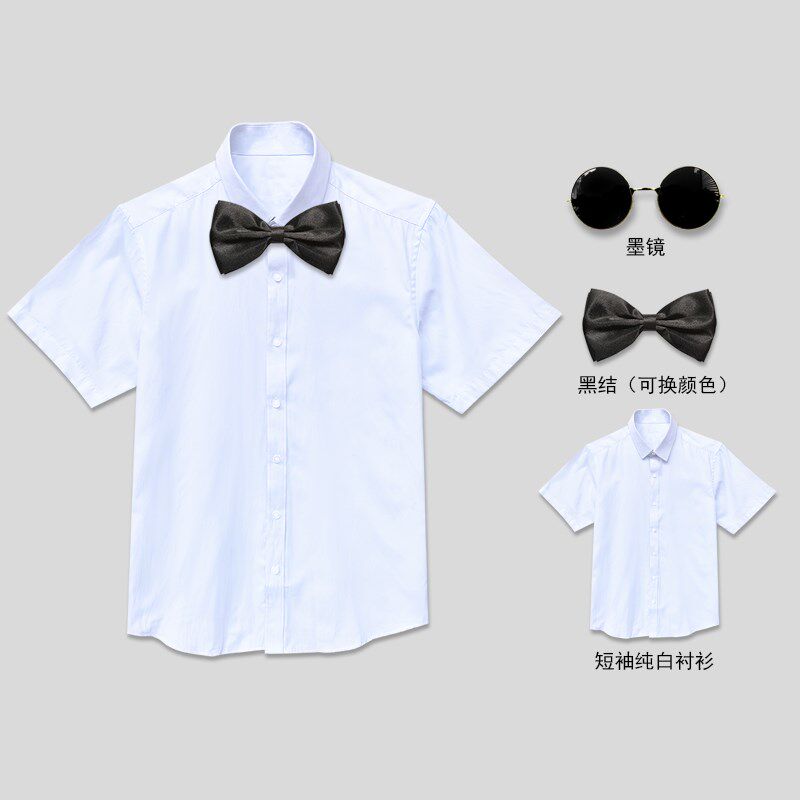 伴郎服男结婚礼兄弟团衣服短袖纯色白衬衫M黑裤墨镜大码夏季天套