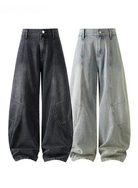 TOOTH YOUNG【牛魔王】水洗做旧美式街头男宽松弯刀牛仔裤