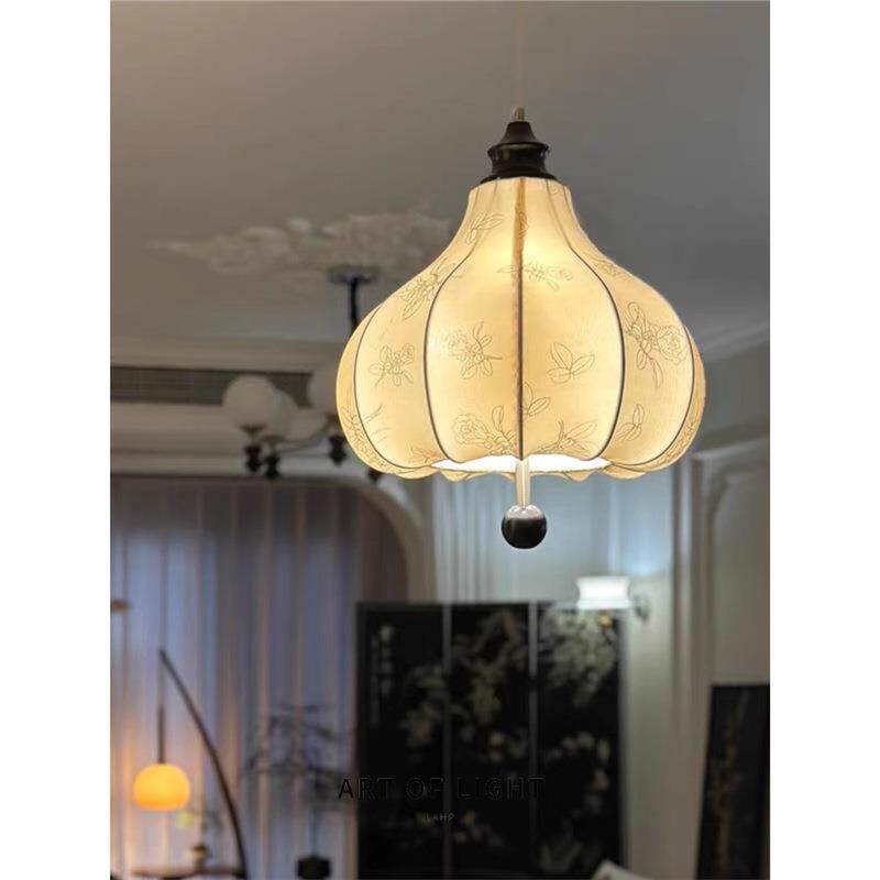 复古风布艺餐厅吊灯花纹中古吧台灯南洋风氛围感实木卧室灯栗子灯