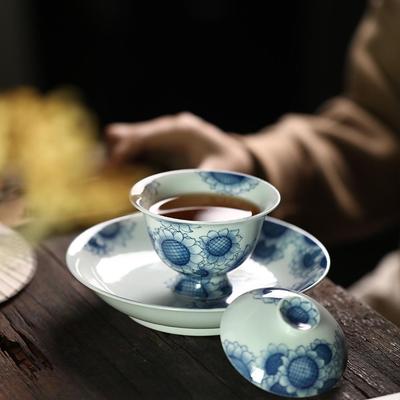 手绘青花盖碗薄胎无垢纯润主泡器防烫设计仿古青花釉下彩二才盖碗