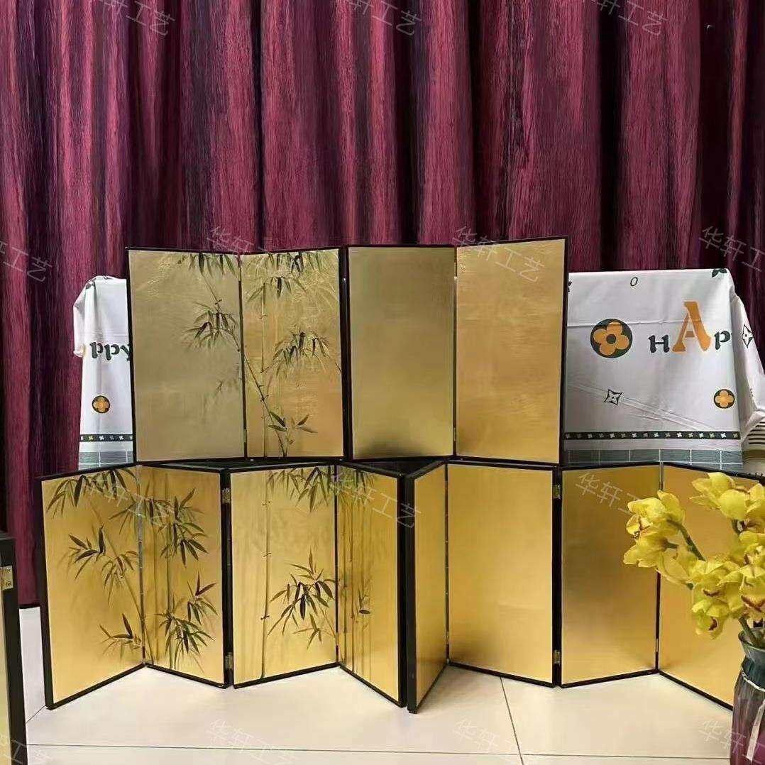 手绘桌面摆件金箔小屏风竹子折叠新中式移动隔断仿古艺术dω