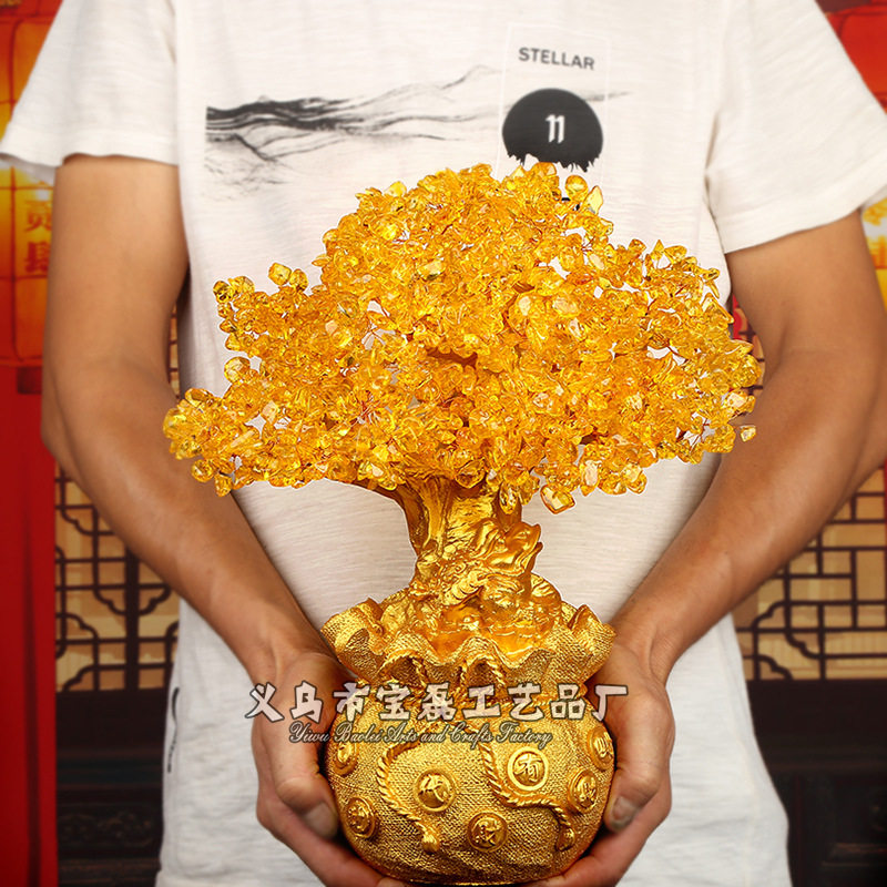 新款批发黄水晶招财树钱袋发财树 厂家家居水晶摆饰摇钱树直销