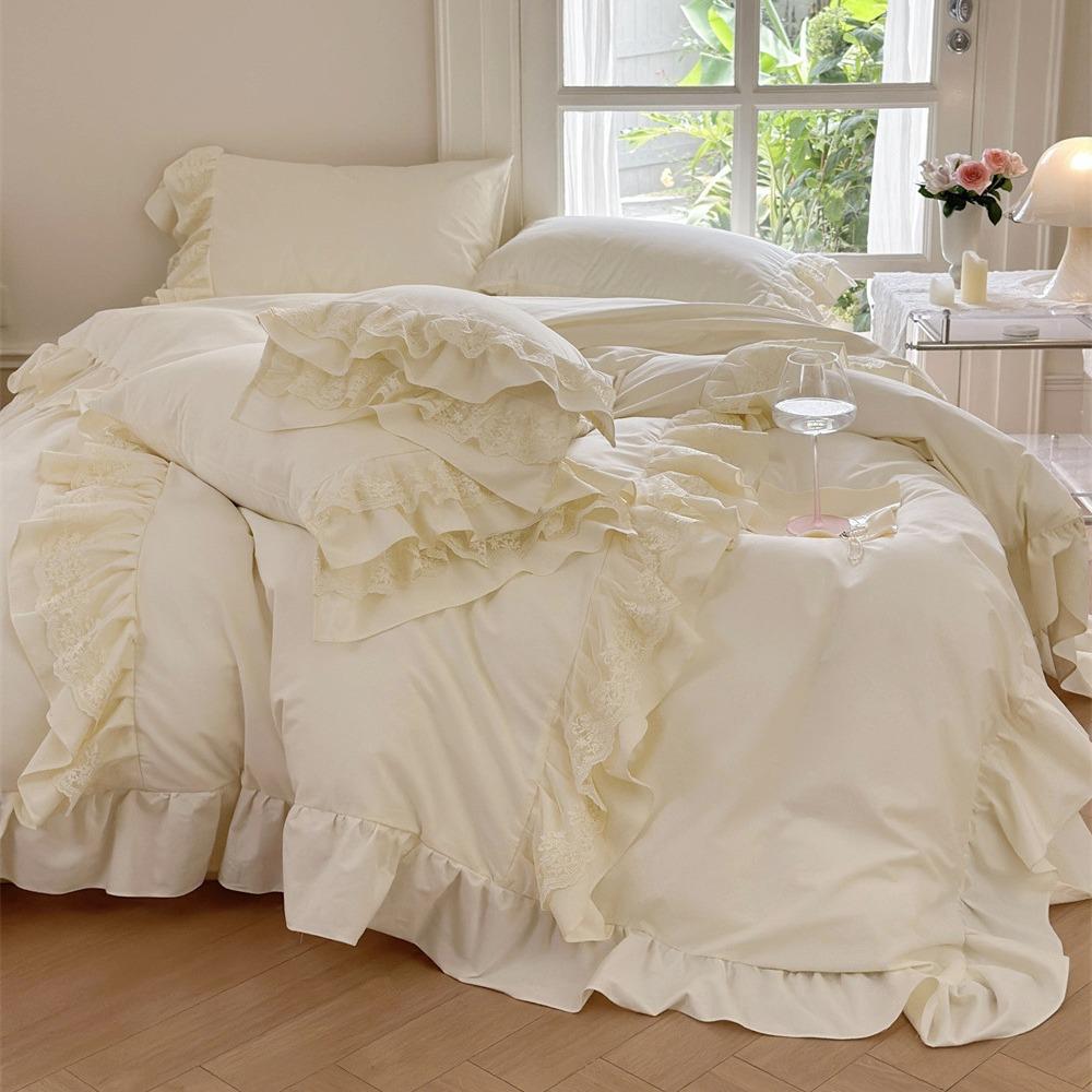 秋冬公主风100支全棉磨毛四件套浪漫双层蕾丝花边被套床品