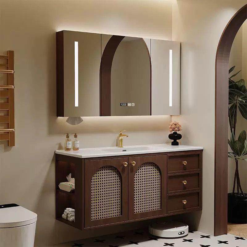 橡木实木浴室柜组合中古风藤编浴室柜陶瓷一体盆