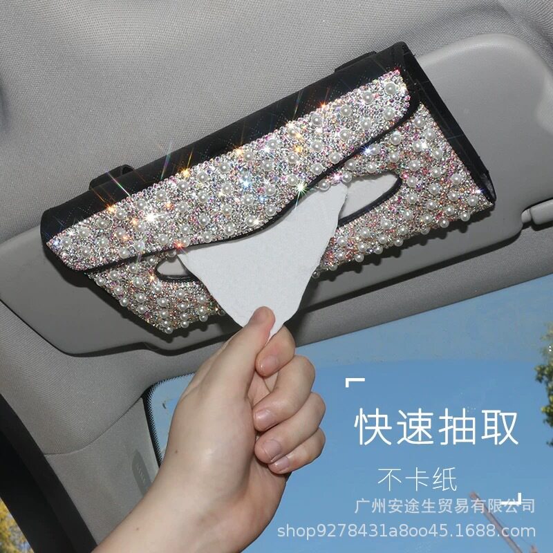 珍珠镶钻挂式车载遮阳板纸巾盒