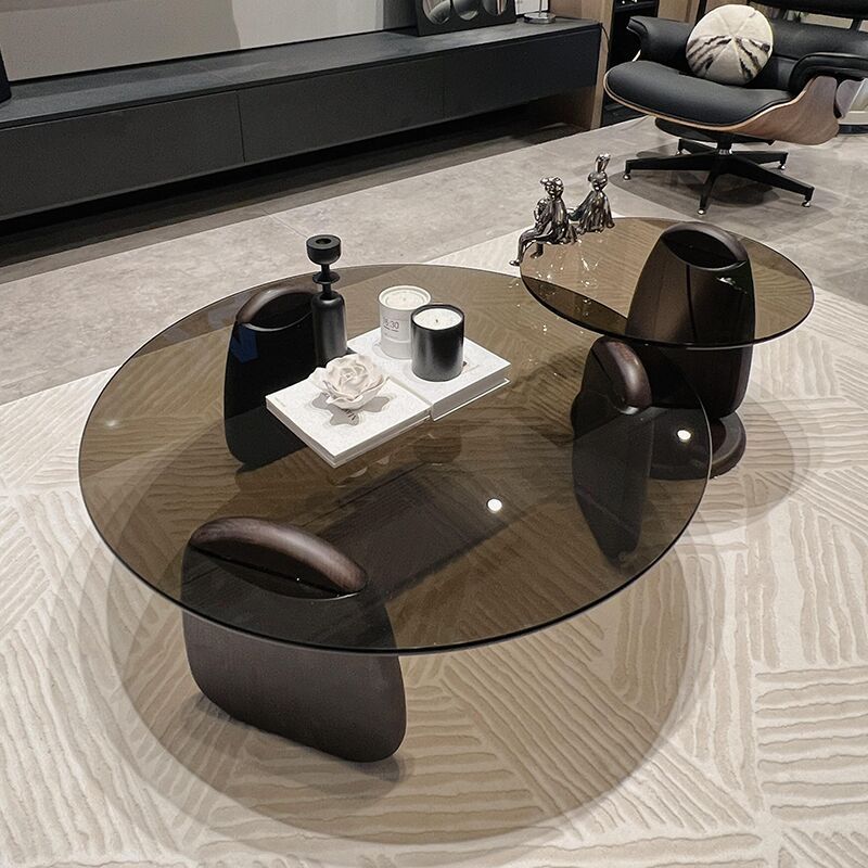 意式极简轻奢实木钢化玻璃茶几