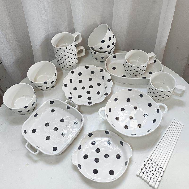 黑白波点套装赫本欧式家用菜盘陶瓷碗盘米饭碗双耳碗汤碗杯勺套装,畜牧/养殖物资,畜牧/养殖器械,淘宝优惠券,粉丝福利购,淘宝优惠卷