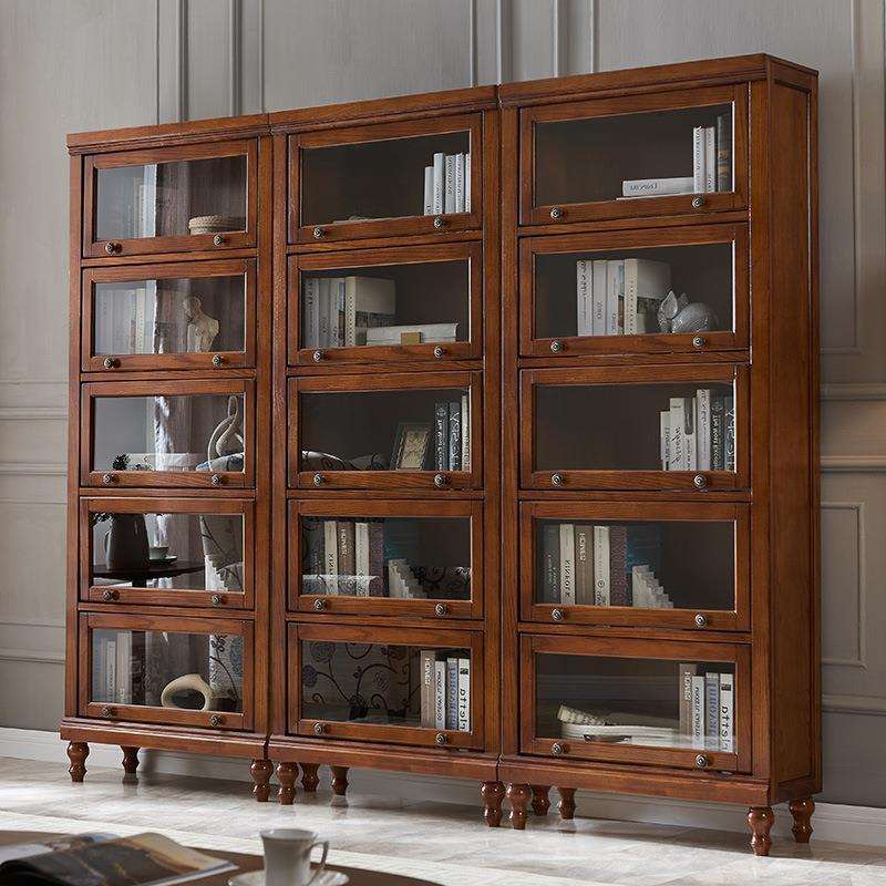 美式实木书柜自由组合简约三四五门储物柜欧式书橱带玻璃门书架子