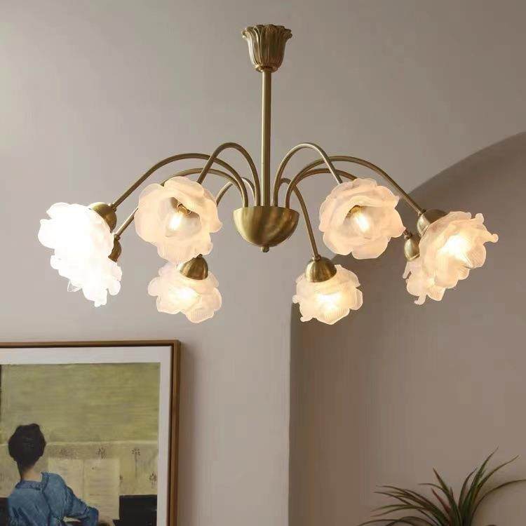 法式花朵全铜吊灯客厅灯复古玫瑰花吊灯美式中古轻奢卧室餐厅灯具