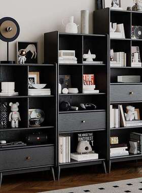 全实木书柜橡木复古黑色书架轻奢中古客厅美式立柜展示柜储物柜