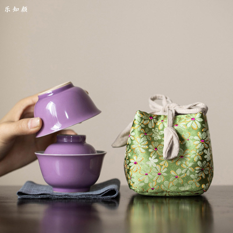 便携手绘牡丹一盖碗一杯快客杯