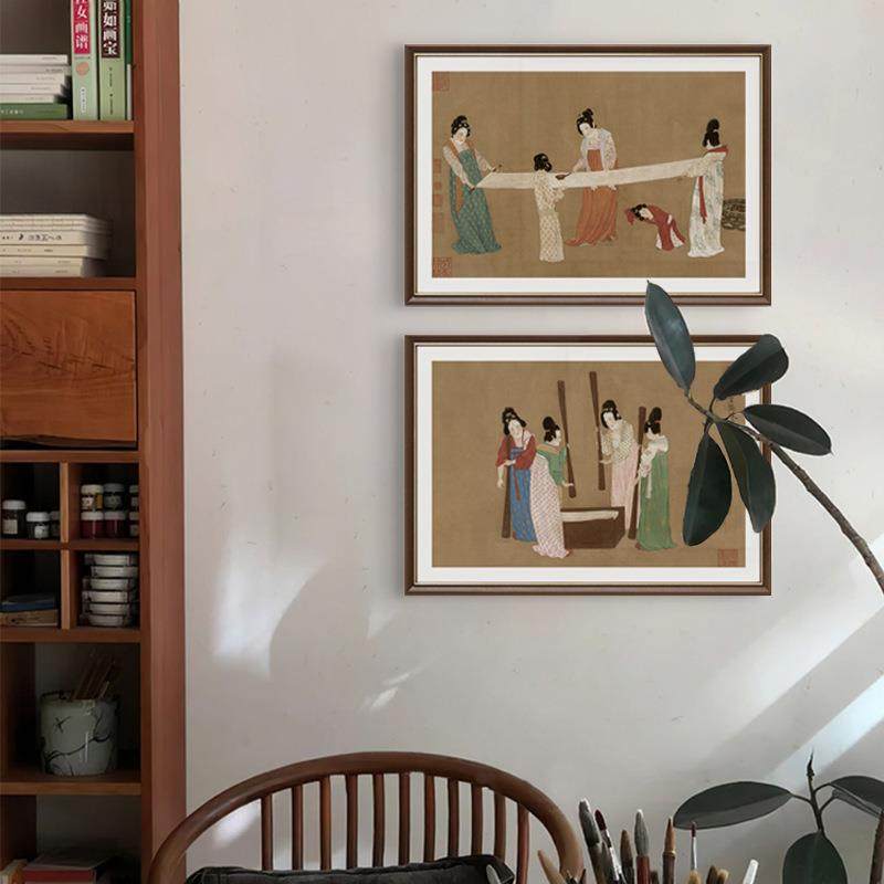 《捣练图》法式中国风客厅装饰画新中式复古玄关卧室挂画书房壁画