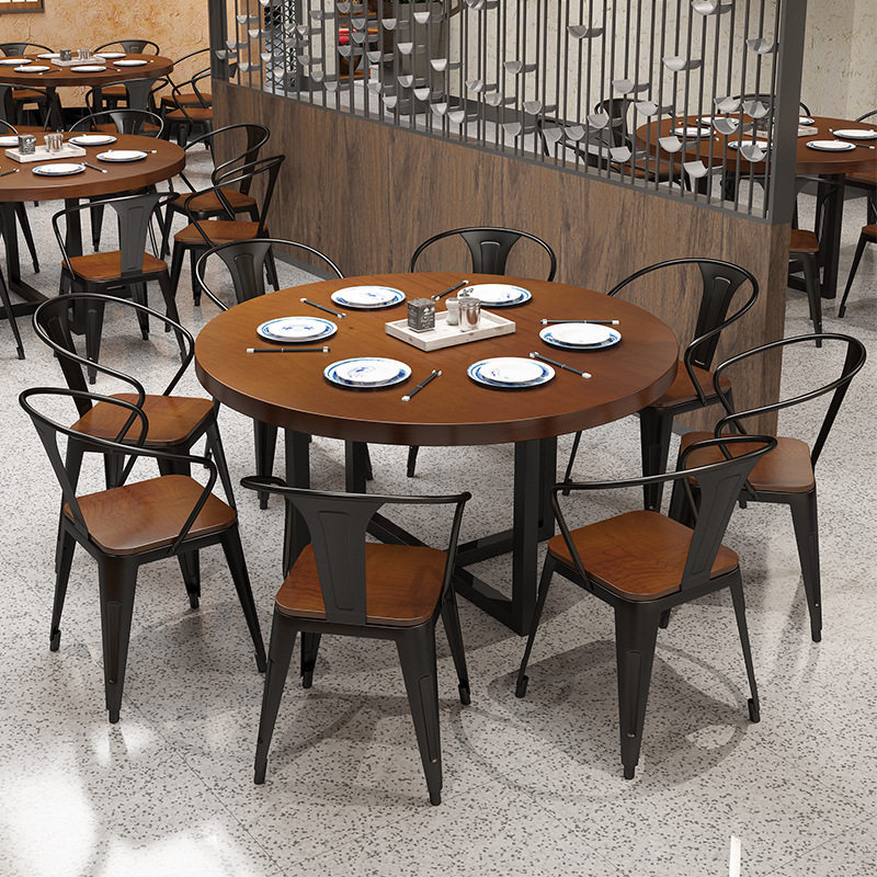 实木餐厅圆桌工业风饭店酒店烧烤火锅店餐桌椅包厢包间圆形大桌子