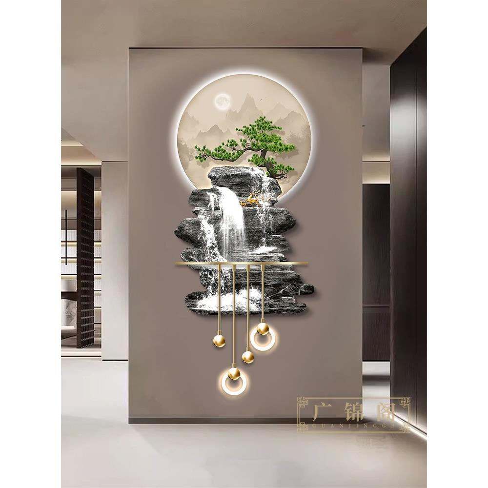 迎客松玄关装饰画高档立体壁灯电子时钟流水生财入户走廊过道壁画