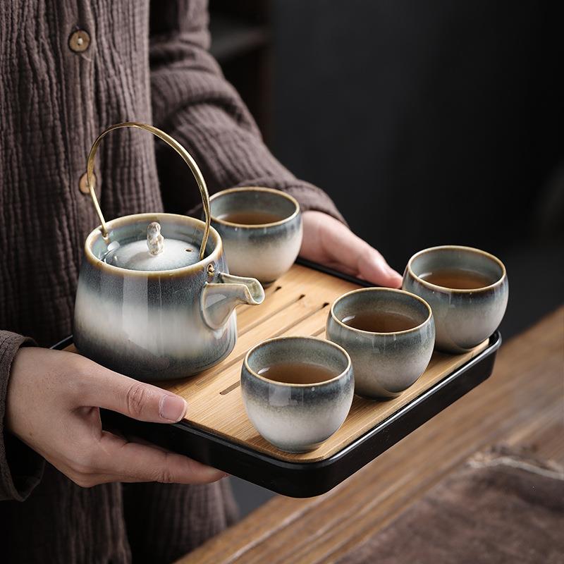 窑变旅行茶具套装创意陶瓷车载便捷泡茶懒人提梁壶干泡盘茶具