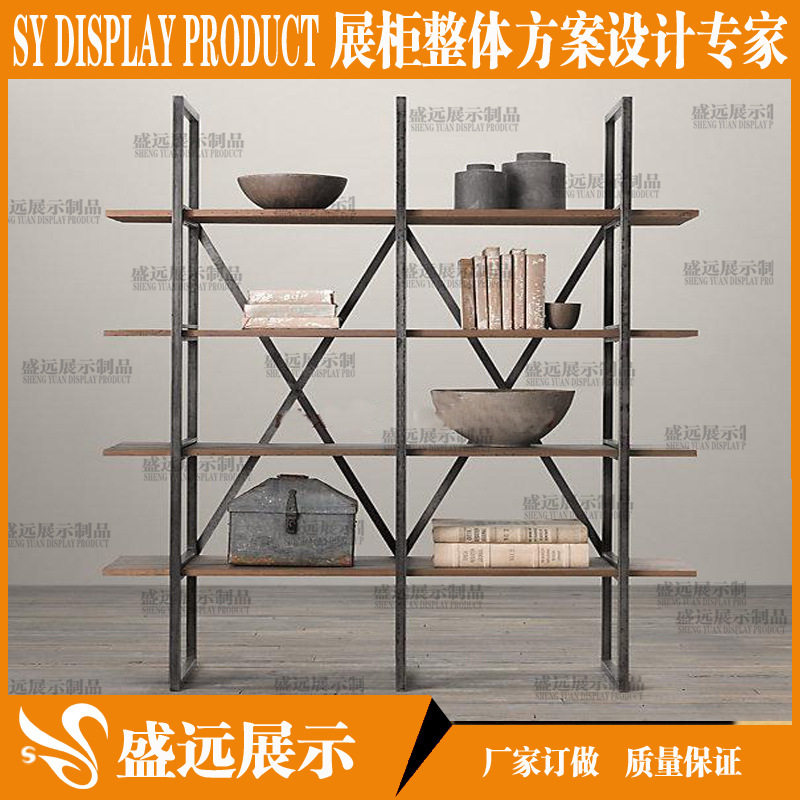 美式铁艺实木落地置物架创意多层隔板书房陈列架办公室展示架