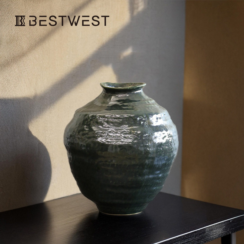Bestwest花瓶新中式花器客厅酒店桌面复古民宿陶瓷摆件装饰品高档