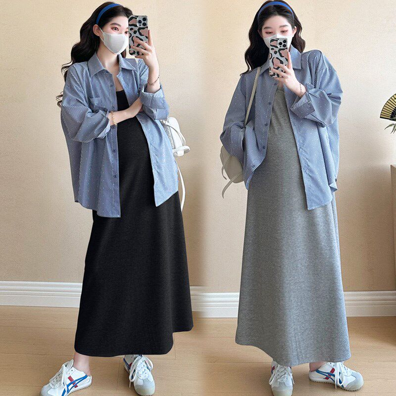 新品夏季孕妇连衣裙套装时尚孕y妇装春夏装背心长裙长袖上衣两件