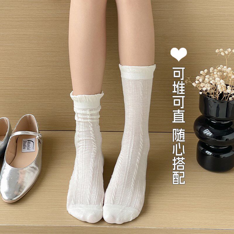 新品白色a袜子女款夏季薄款纯棉透气网眼中筒袜甜美花边立体浮雕