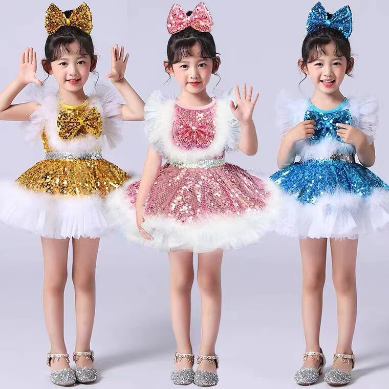 儿童演出服蓬蓬裙公主裙夏季女童亮片纱裙连衣裙幼儿园舞蹈表演服