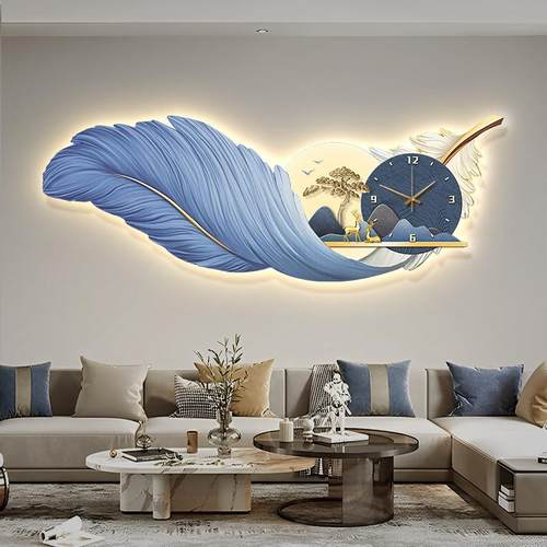 羽毛餐厅装饰画带钟表轻奢鹿挂画发光新中式客厅山水时钟led灯画