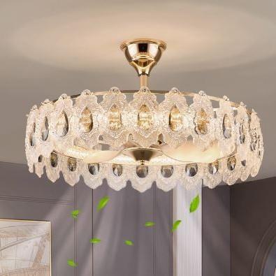 法式轻奢水晶玻璃风扇灯奶油风客厅卧室走廊遥控智能隐形餐厅吊扇