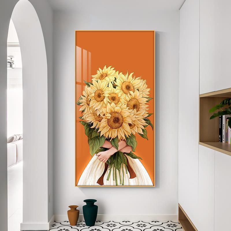 简约入户玄关挂画温馨竖版壁画清新向日葵花卉走廊过道客厅装饰画
