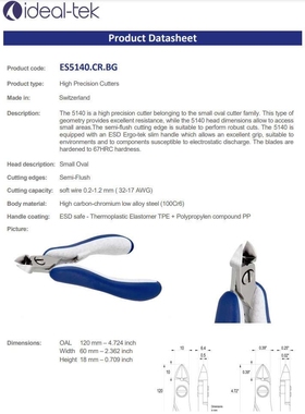 ideal-tek剪线钳ES5140 蓝色防静电剪线钳0.2-1.2mm