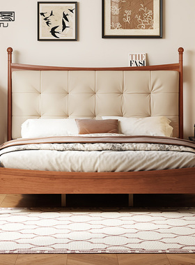 素图  法式复古真皮床中古风全实木床1米8双人床卧室简约软包婚床