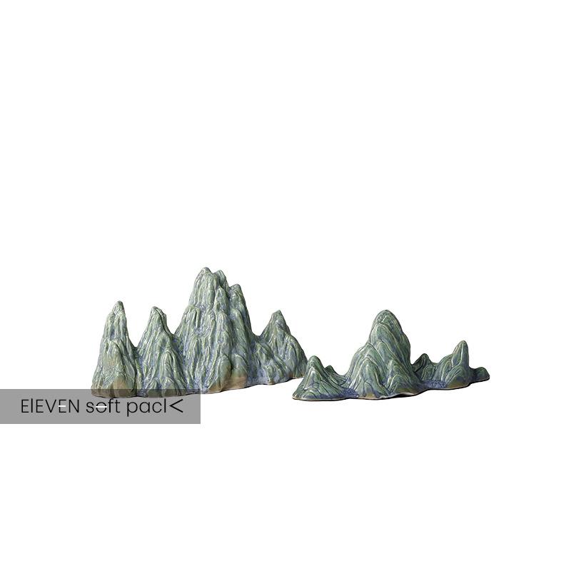 新中式彩绘青绿陶瓷假山摆件酒店样板房客厅电视柜书桌装饰品高端