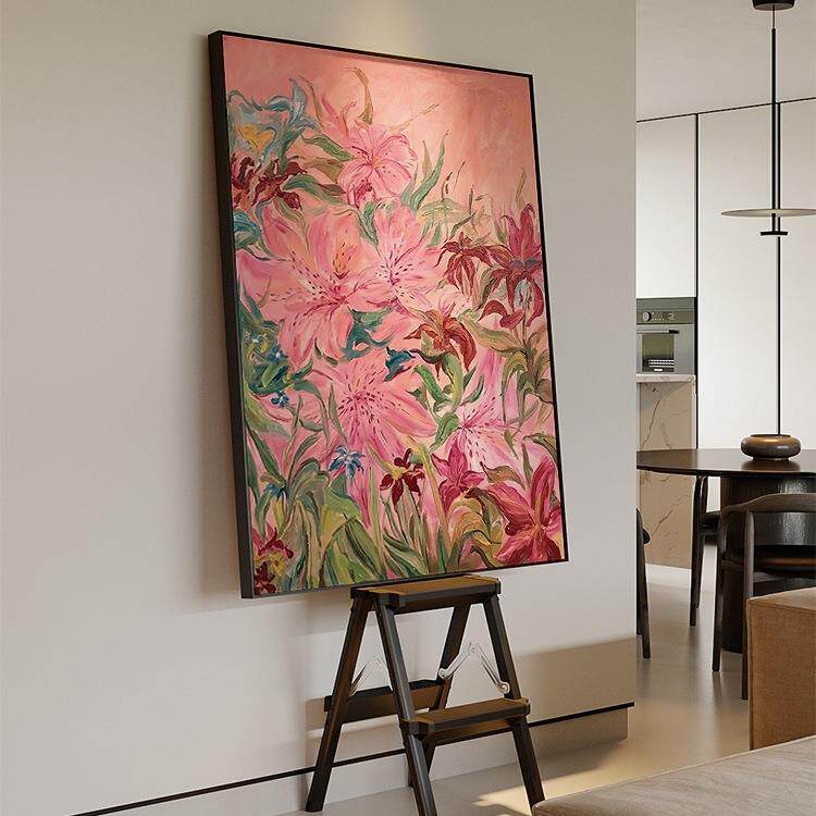 百合花多巴胺奶油风纯手绘油画抽象肌理客餐厅玄关走廊装饰画金属