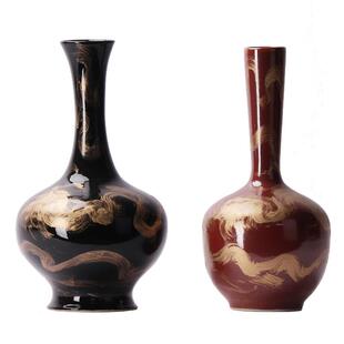 宋氏美学新中式陶瓷手绘红色黑色小口插花样板房花瓶花器艺术摆件