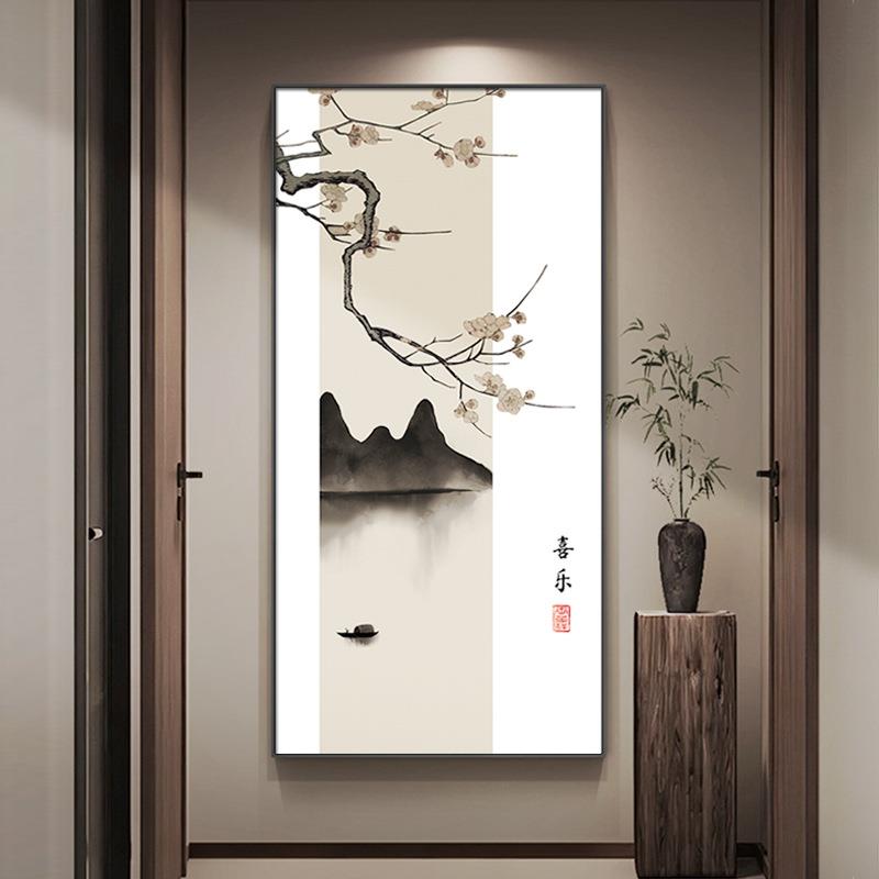 新中式花鸟玄关装饰画中国风水墨山水画走廊过道墙面装饰壁画挂画