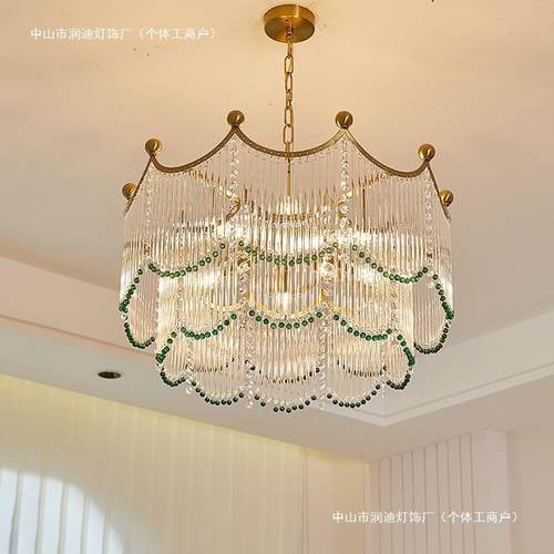 法式复古墨绿圆球水晶客厅吊灯美式轻奢餐厅卧室书房玻璃条流苏灯