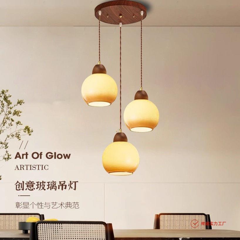 法式中古风餐厅吊灯中式奶黄三头餐桌吊灯书房饭厅创意奶油风吊灯