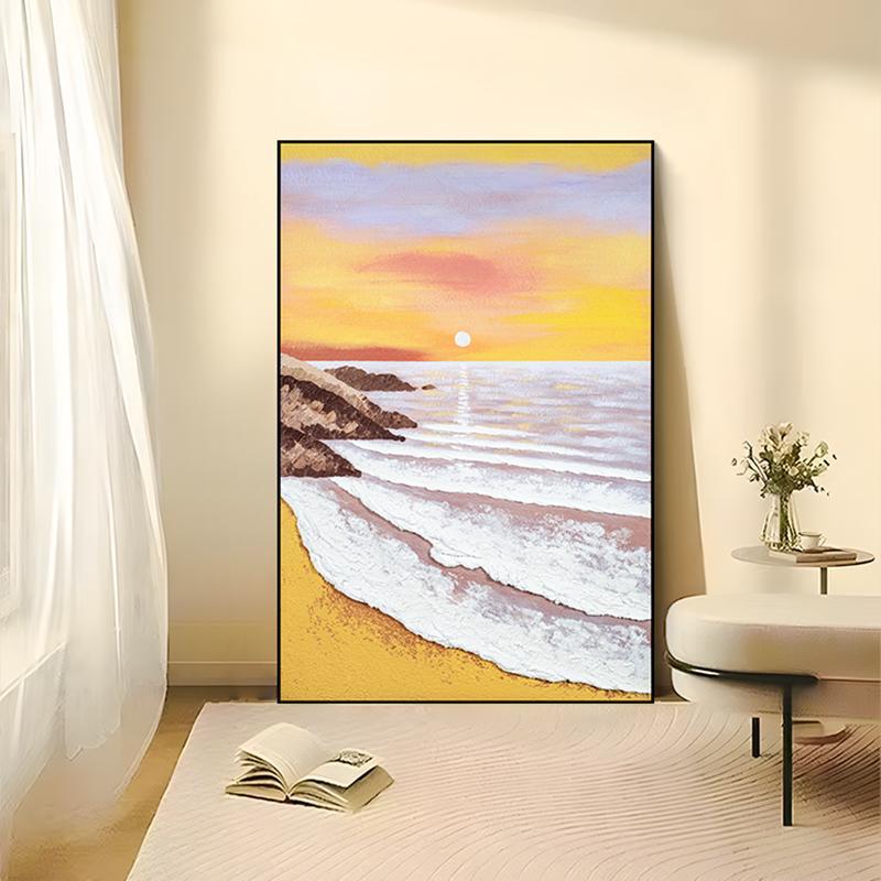 手绘油画客厅沙发背景装饰画 玄关过道挂画立体肌理画海浪80120