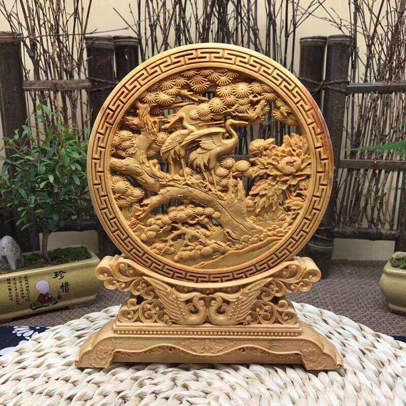 崖柏木雕一帆风顺九龙戏珠圆盘摆件室内盆景木雕大气精致双面镂空