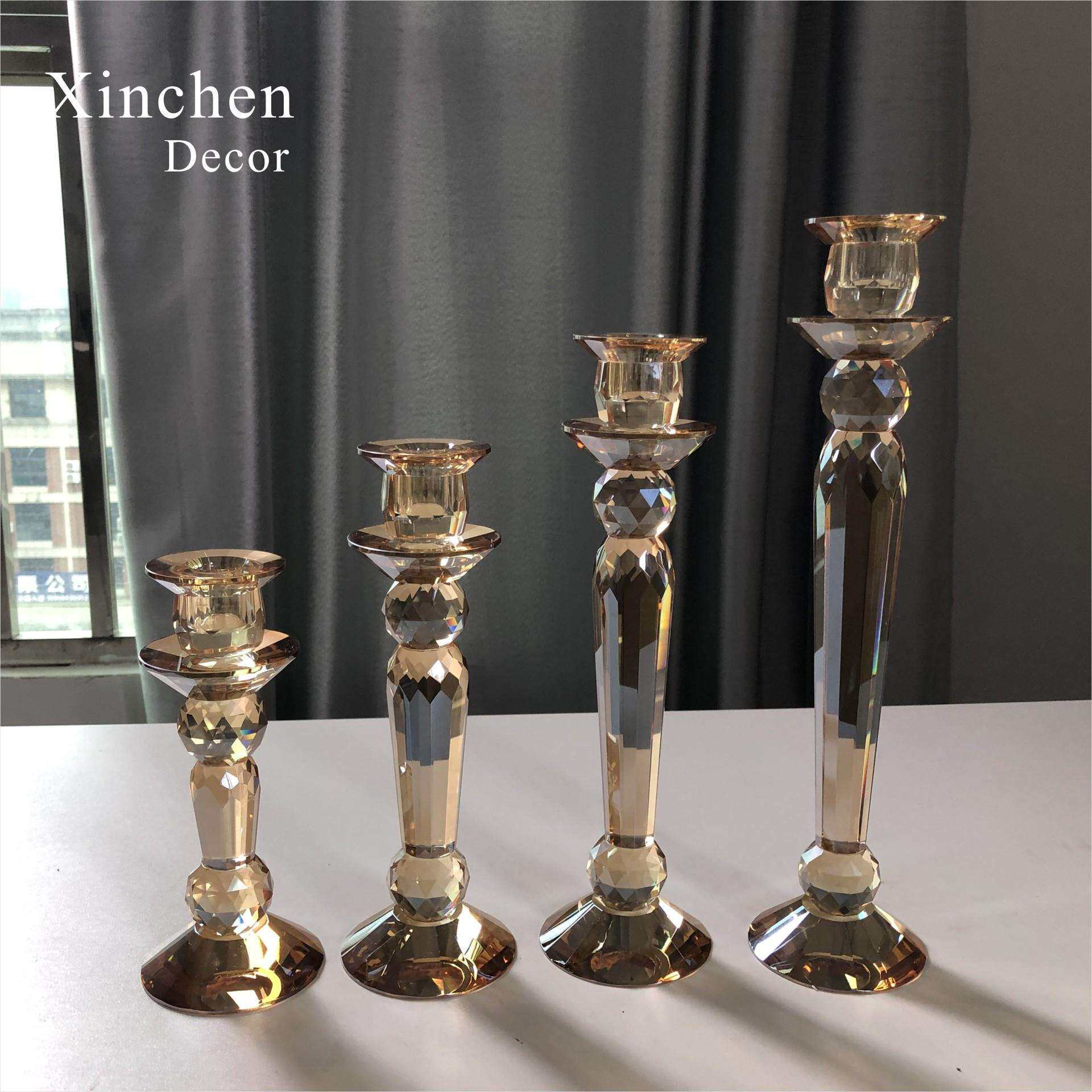 厂家零售婚庆活动装饰用品 香槟金玻璃直管水晶烛台四件套