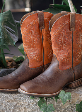 Palitutu头层牛皮复古西部牛仔靴刺绣男骑士靴牛仔靴长筒靴马丁靴