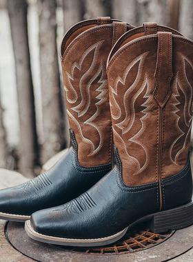 复古西部牛仔靴女鞋民族风拼接撞色时尚骑士高筒牛仔靴刺绣马靴