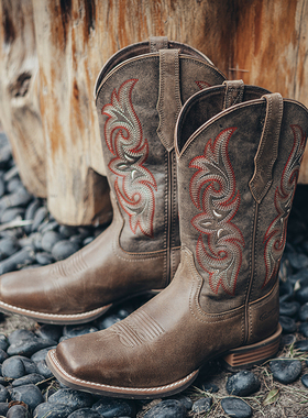 Palitutu真皮牛仔靴女新款刺绣套筒骑士靴复古中筒方头马丁靴女