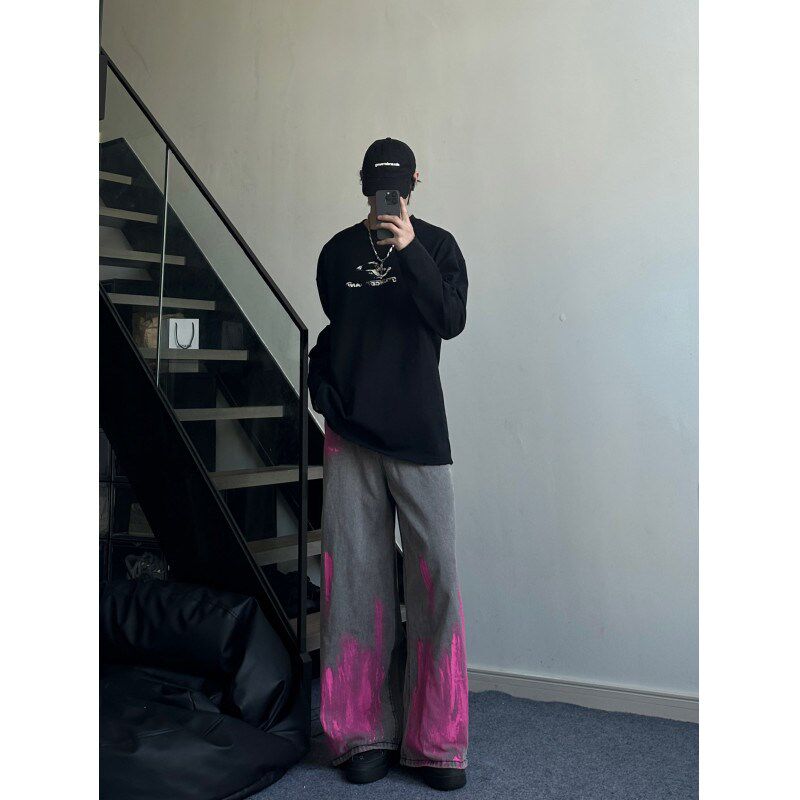 美式复古粉色涂层牛仔裤男款春秋欧美viIbe风裤子高个子加长阔腿