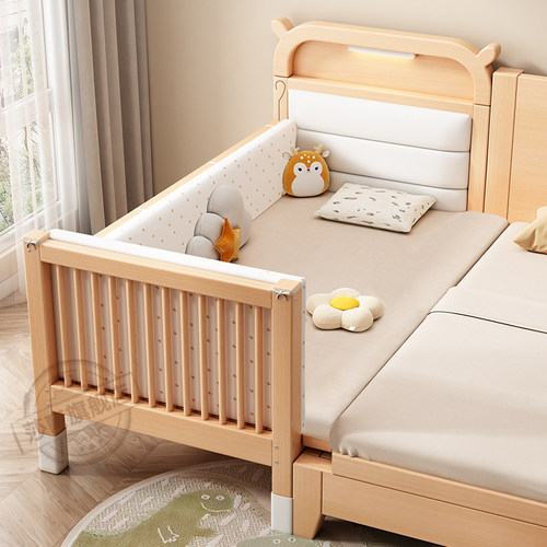 榉木宝宝床边带护栏加宽