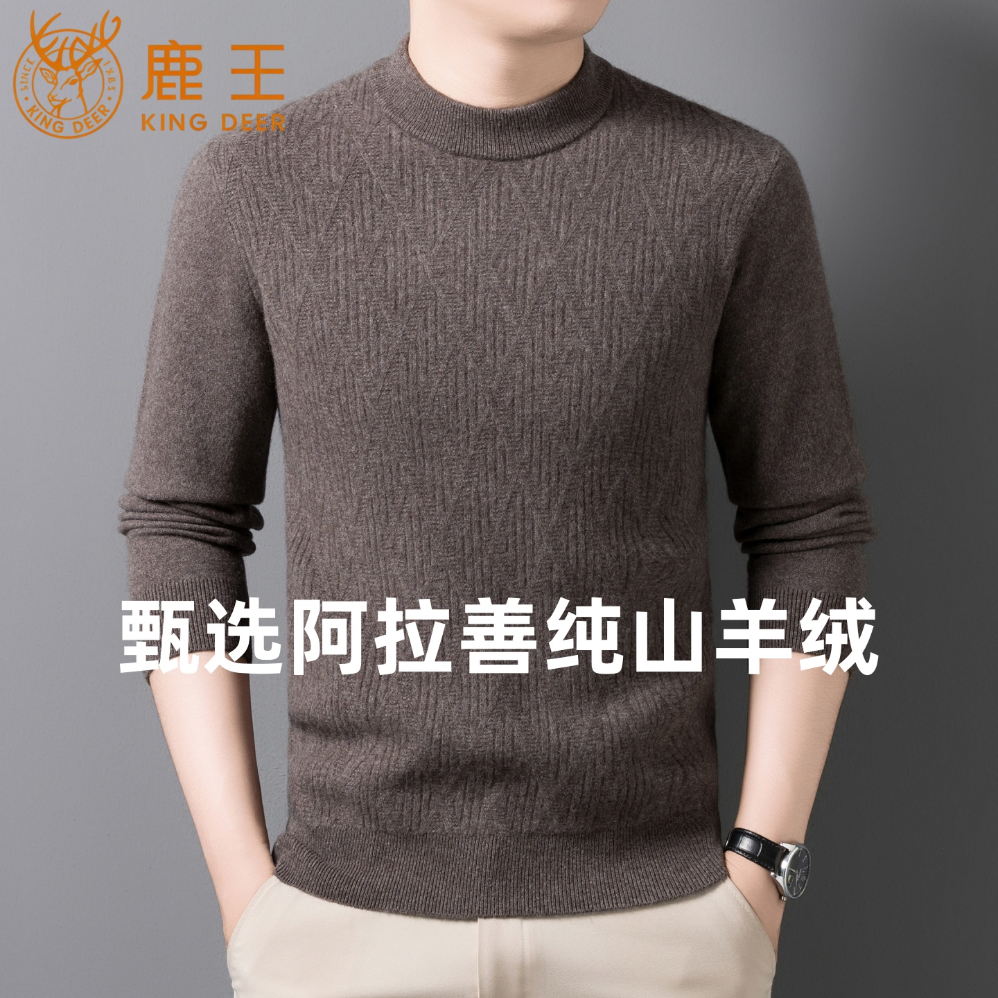 鹿王男士羊绒衫100纯羊绒2025新款半高领加厚提花套头针织衫毛衣