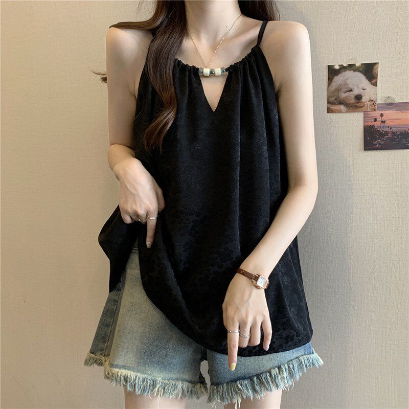 新品大码遮肚子无袖挂p脖吊带背心女夏季新款胖mm法式外穿显瘦雪