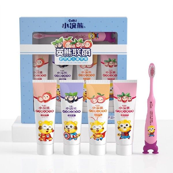 极速小浣熊d儿童牙膏牙刷套装3-6-12岁不含氟四种水果味礼盒装