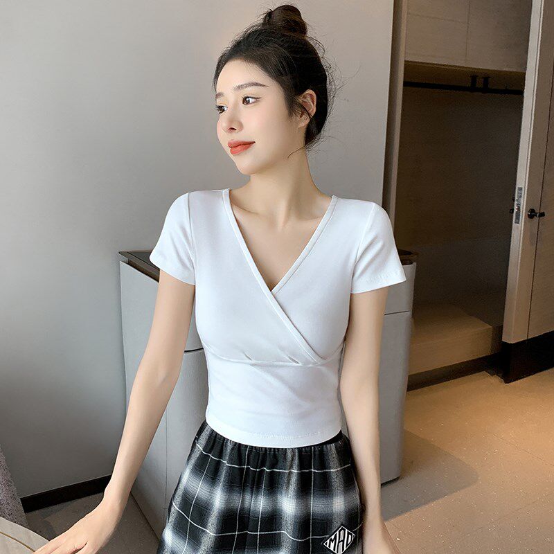 新品黑色v领短袖t恤女夏2025新款交叉设K计感修身显瘦低领纯棉短